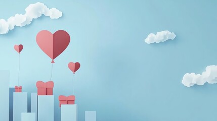 Heart Balloons Float Above Gift Boxes in a Paper Cityscape, Celebrating Love and Festivities Joyfully.