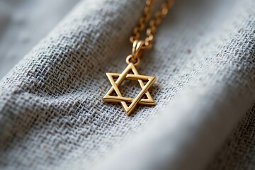 A gold Star of David pendant on a simple cloth background, symbolizing Jewish identity and remembrance of the Holocaust.