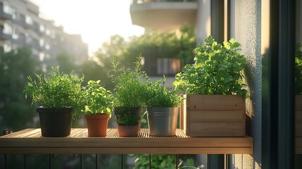 A vibrant balcony herb haven with neatly potted cilantro, parsley, and dill, accented by a small wooden watering station, soft natural light and warm tones creating a cozy atmosphere, hd quality.