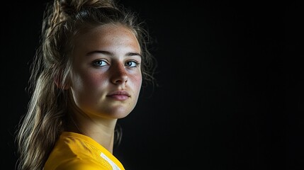 A young athlete with a determined expression, posing against a dark background.