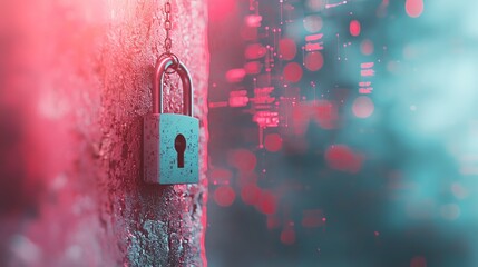 Digital security concept with padlock guarding data, abstract red and teal cyber background with bokeh effects.