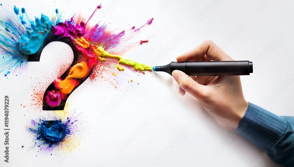 Poster a colorful question mark is being created with a marker, surrounded by vibrant paint splashes, symbo