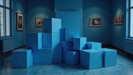 A serene room awash with azure, filled with uniform blue cubes atop a matching floor. A pristine white door anchors the backdrop, flanked by an artistic trio on either side