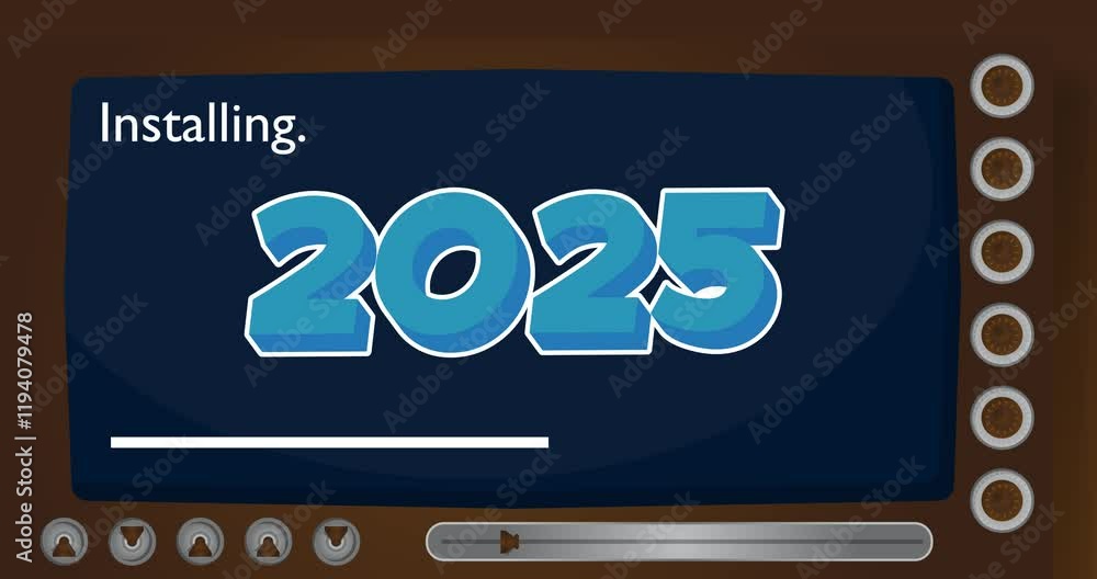Poster cartoon computer with the number 2025. video message of a screen displaying an installation window.