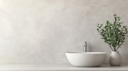 Fototapeta premium A minimalist bathroom sink counter with a clean white basin and a single potted plant.