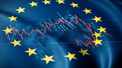 European Union flag background features financial data and analysis in a modern design context - Powered by Adobe