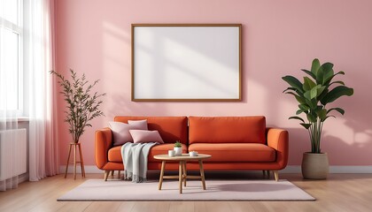 Pink wall living room, orange sofa, mockup frame