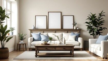 Cozy living room interior design, modern furniture, plants, natural light