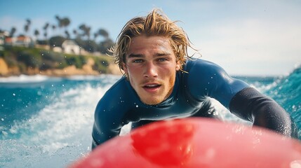 A young man surfing on a vibrant red board in a scenic ocean setting.
