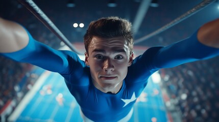 A young male gymnast performs on rings, showcasing skill and determination in a competitive arena.
