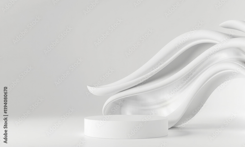 Poster white podium with wavy background creates modern and elegant display. smooth curves and clean lines 