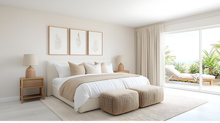 Elegant bedroom retreat with natural light coastal view interior design serene atmosphere