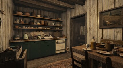 A modern farmhouse kitchen and living room with shiplap walls, open shelves, and a rustic table.