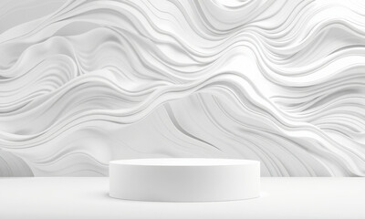 white podium stands against wavy background, creating modern and elegant atmosphere. smooth lines and textures evoke sense of calm and sophistication