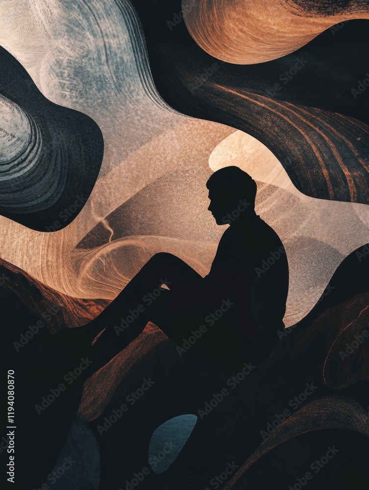 Poster Person seated in shadows surrounded by abstract forms reflecting inner mental struggle. Generative AI