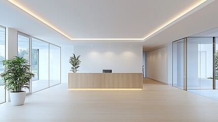 Obraz premium Modern office reception area corporate building interior design bright ambiance wide angle view