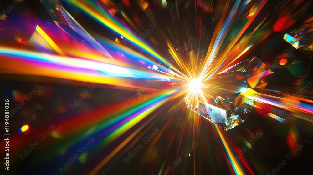 Poster colorful light reflection and refraction in crystal with radiant splashes of color and bright rays c