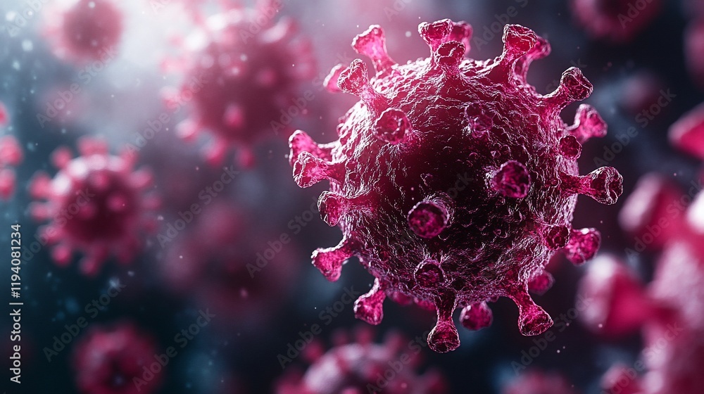 Poster microscopic view of a virus, detailed 3d rendering of a coronavirus particle.