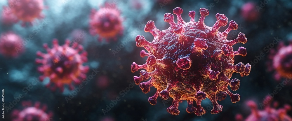Poster microscopic view of virus cells, detailed 3d rendering of pathogen.