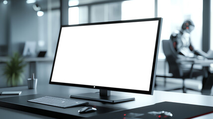 Fototapeta premium Modern office setting with a high-tech computer monitor displaying data analytics and world map on screen, focusing on global trends.
