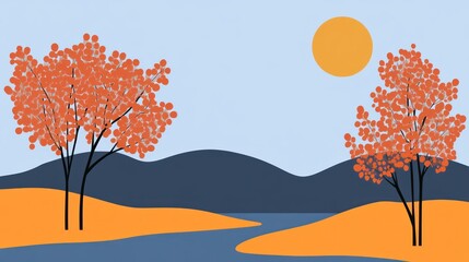 Autumn landscape with trees and river, minimalist design