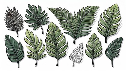 A collection of illustrated leaves showcasing various shapes and shades of green, perfect for nature-themed projects and designs.