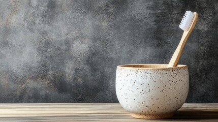 Fototapeta premium A rustic toothbrush cup on a farmhouse-style wooden table.