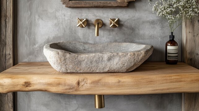 A rustic wooden bathroom sink counter with a stone basin and vintage brass fixtures.