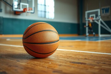 A close up of a basketball placed on a court, showcasing the intricate design and texture of the ball. Ideal for sports action and game day blogs.