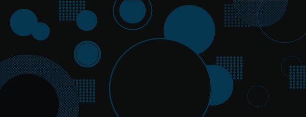 Dark background with teal circles and dots. The background is modern and abstract. Teal color contrasts with the dark background. Abstract geometric circle pattern background vector
