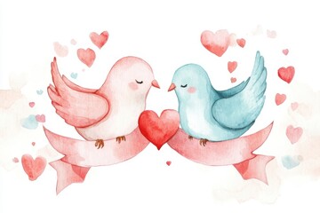 A beautiful watercolor illustration of two birds in love, surrounded by hearts and a ribbon. Perfect for celebrating affection and connection.