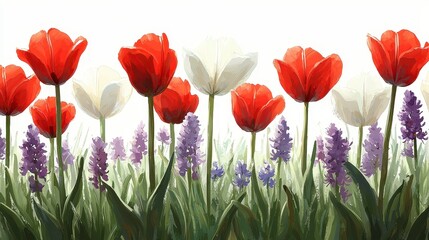 Fototapeta premium Red and white tulips and lavender flowers in a garden.