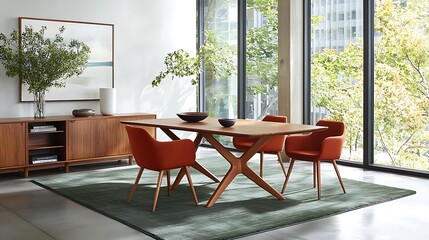 Fototapeta premium Elegant contemporary dining room design with modern table and chairs in urban apartment