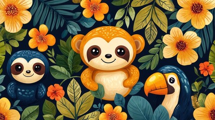 Cute sloths and a toucan among tropical foliage.