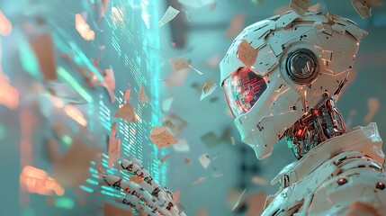 Futuristic robot interacting with a digital interface, surrounded by glowing holographic elements in a high-tech environment.