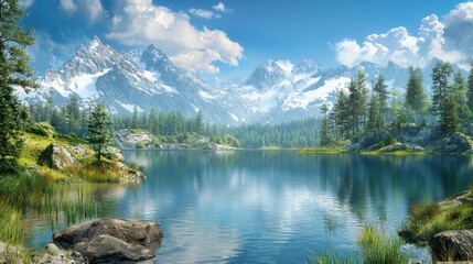 A serene mountain landscape featuring crystal clear lake reflections, lush greenery, and majestic peaks under a bright blue sky. Perfect for nature lovers.