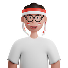 3D Human Wearing White Shirt with Indonesian Flag Headband