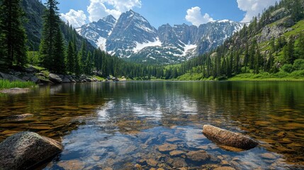 A serene mountain landscape featuring crystal-clear water reflecting majestic peaks, surrounded by lush greenery and towering trees under a bright sky.
