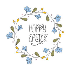 Happy Easter Phrase with Cute Flower Frame. Vector Hand Lettering of Festive Quote.