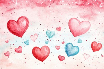 A colorful watercolor illustration featuring various hearts in shades of red and blue, scattered across a soft, dreamy background, symbolizing love.