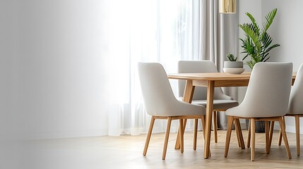 Cozy modern dining room bright aesthetic with wooden table in apartment design
