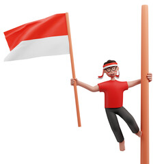 3D Human Holding Indonesian Flag Stick