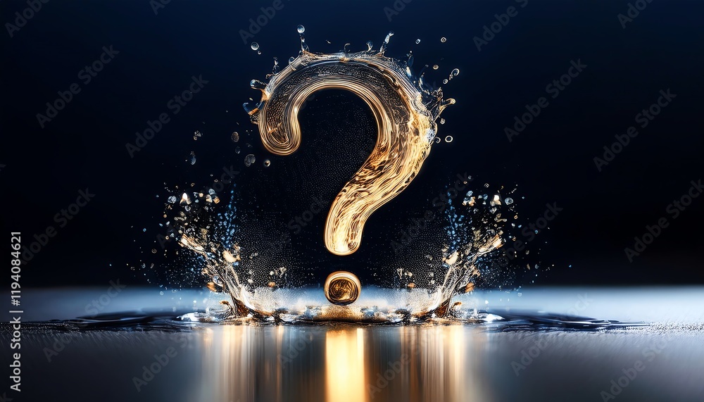 Poster a golden question mark surrounded by splashes of water, creating a striking visual effect against a 