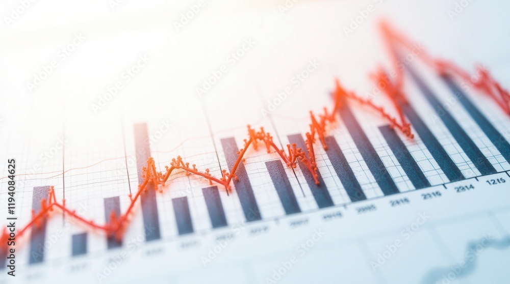 Poster vibrant detailed graph with multiple line charts overlaid on a bar chart, set against a grid on a wh