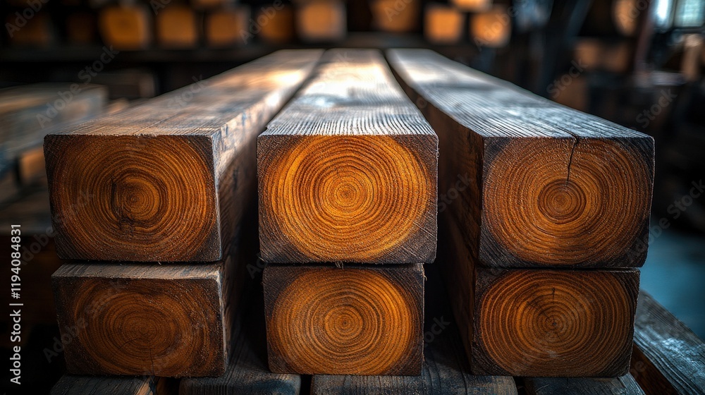 Aufkleber close-up view of timber logs with beautiful grain patterns in a workshop environment, perfect for wo