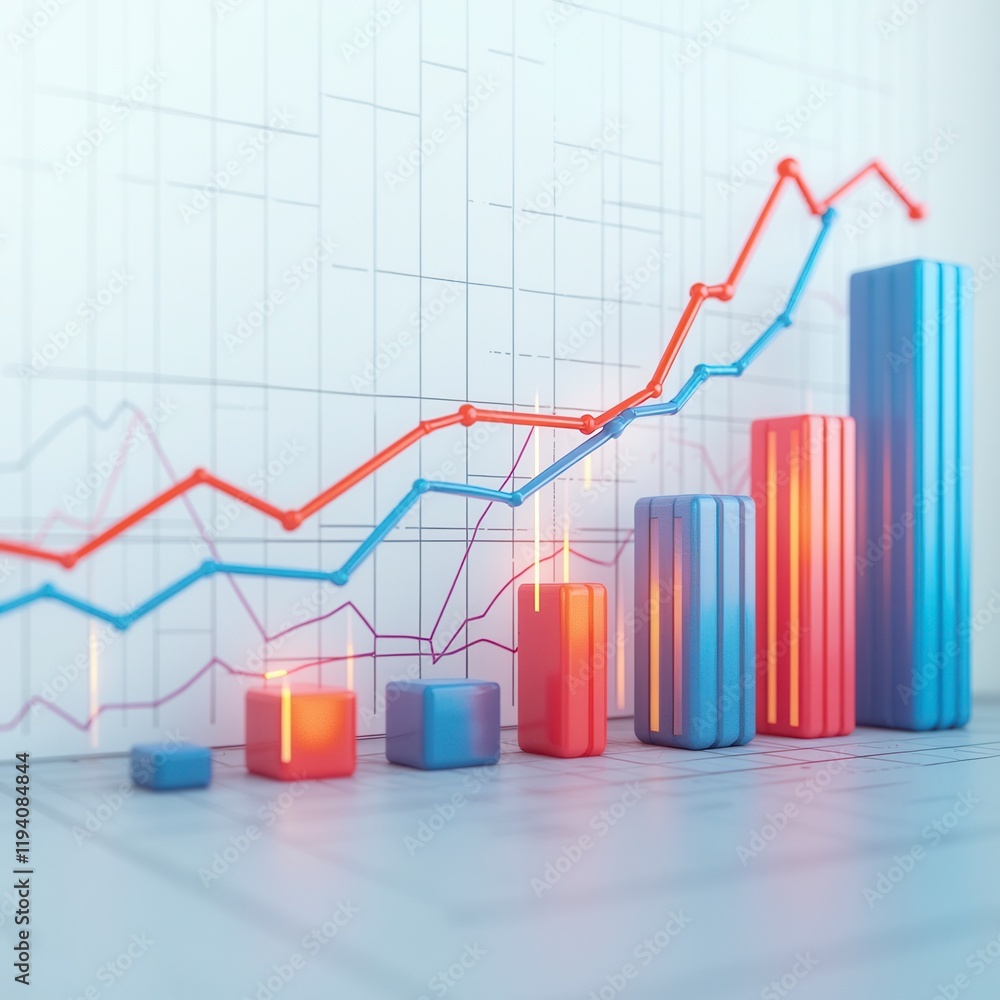 Poster vibrant detailed graph with multiple line charts overlaid on a bar chart, set against a grid on a wh