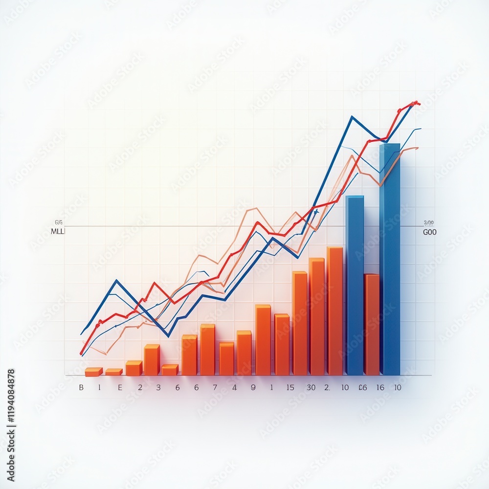 Poster vibrant detailed graph with multiple line charts overlaid on a bar chart, set against a grid on a wh