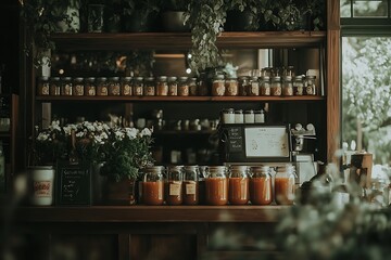 Obraz premium Charming Cafe Interior with Wooden Shelves and Jars