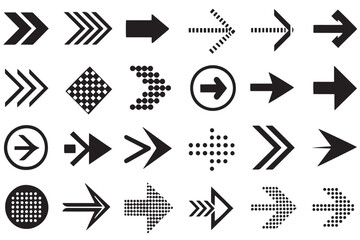 Vector black arrow icons set, including geometric, dotted, and outlined styles for navigation, graphic design, and interface purposes