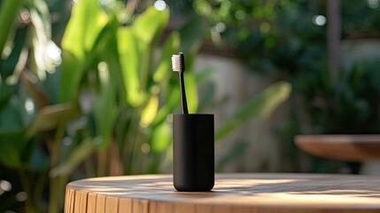 A stylish toothbrush in a minimalist black cup on a modern table with clean lines.